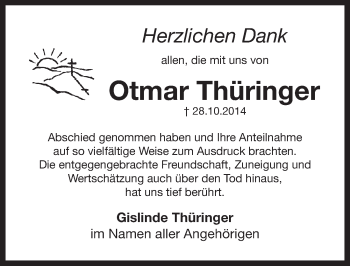 Traueranzeige von Otmar Thüringer von Pegnitz-Zeitung